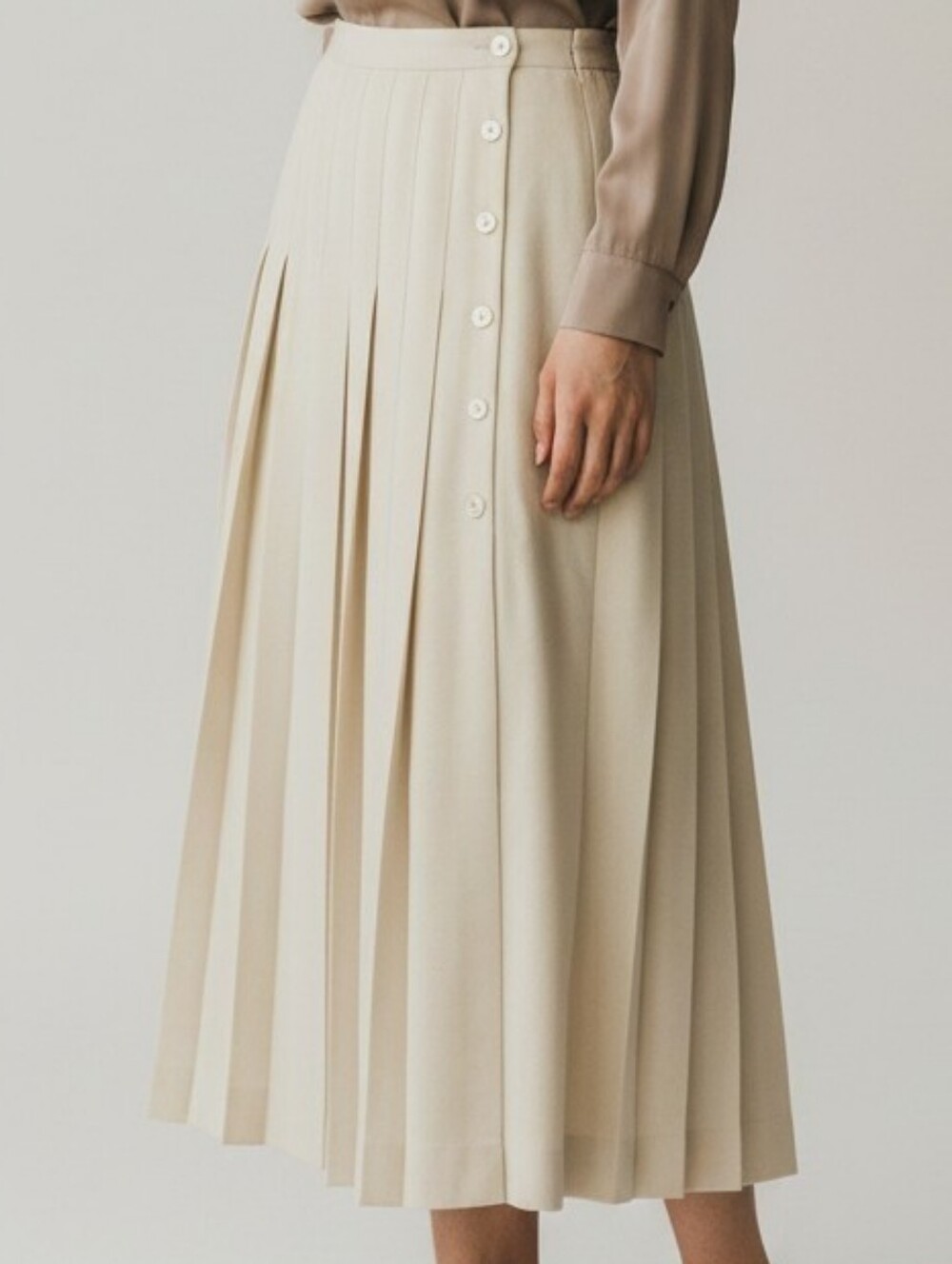Anne Klein Cream Pleated Button-Front Midi Skirt Vintage Retro Boho